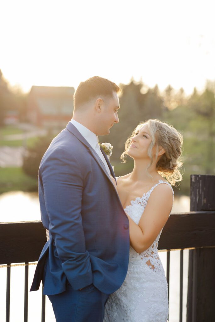 golden hour portrait of bride and groom at spring wedding in Illinois